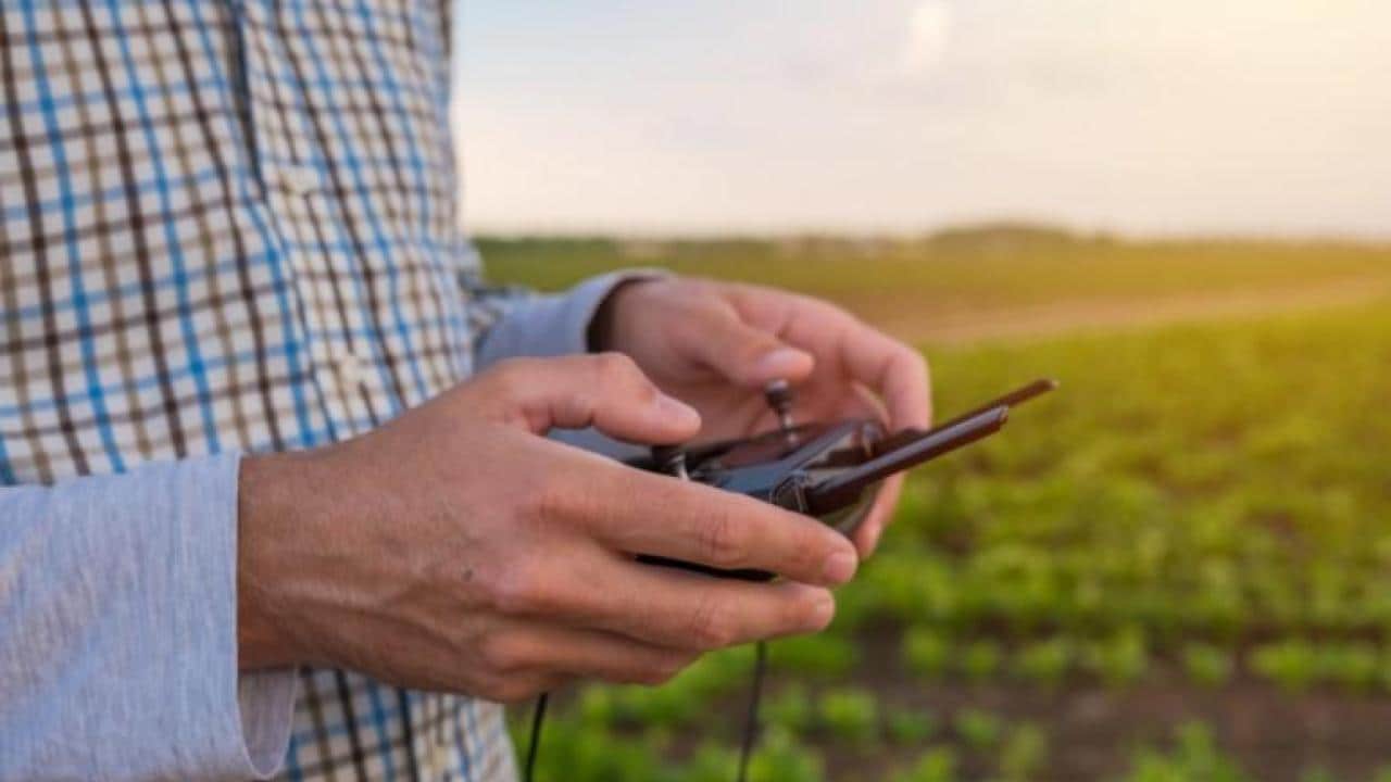 Persona sosteniendo un control remoto, de pie en un campo con cultivos jóvenes bajo un cielo despejado.