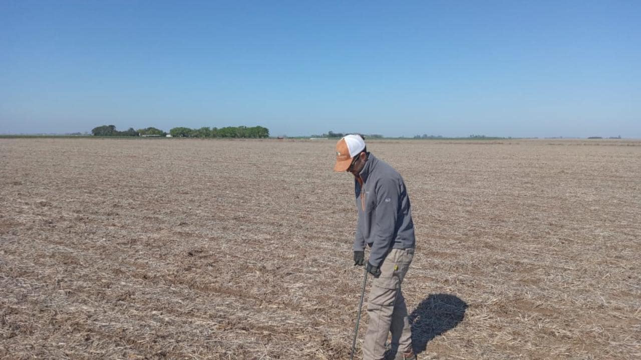 Una persona con una chaqueta gris y una gorra está parada en un campo plano y seco bajo un cielo azul claro, sosteniendo un palo o una herramienta, con árboles distantes en el horizonte.