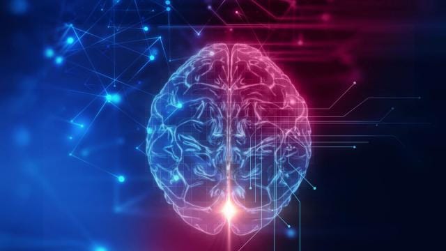 Ilustración de un cerebro digital con circuitos y nodos azules y rojos, que simbolizan la inteligencia artificial y la conectividad.