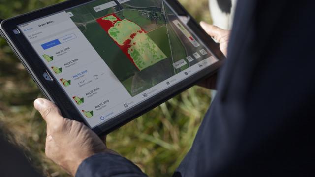 Persona sosteniendo una tableta que muestra un mapa digital con datos agrícolas codificados por colores.