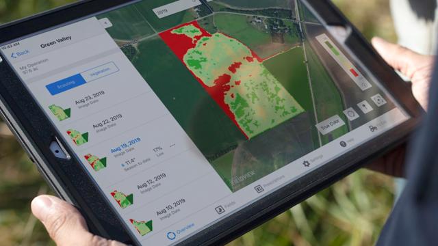 Persona que sostiene una tableta que muestra una aplicación agrícola con imágenes satelitales, mostrando áreas de campo en verde y rojo, indicando la salud del cultivo.