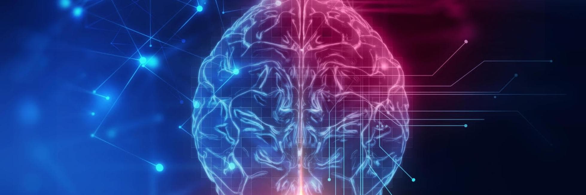 Ilustración de un cerebro digital con circuitos y nodos azules y rojos, que simbolizan la inteligencia artificial y la conectividad.