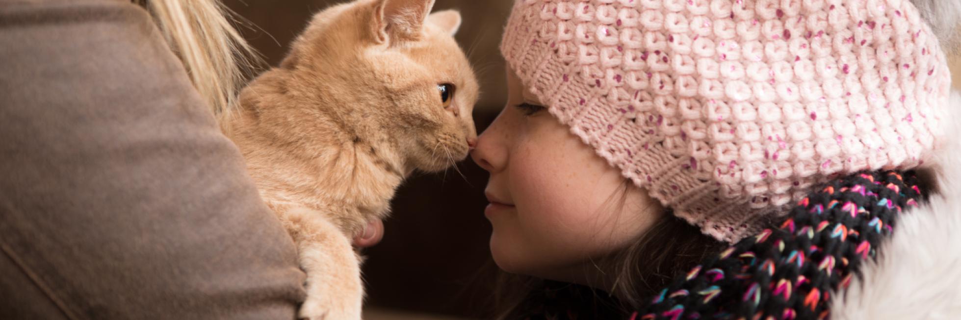Una niña con un gorro de punto rosa toca suavemente la nariz de un gato pelirrojo mientras una persona con una chaqueta marrón la sostiene.